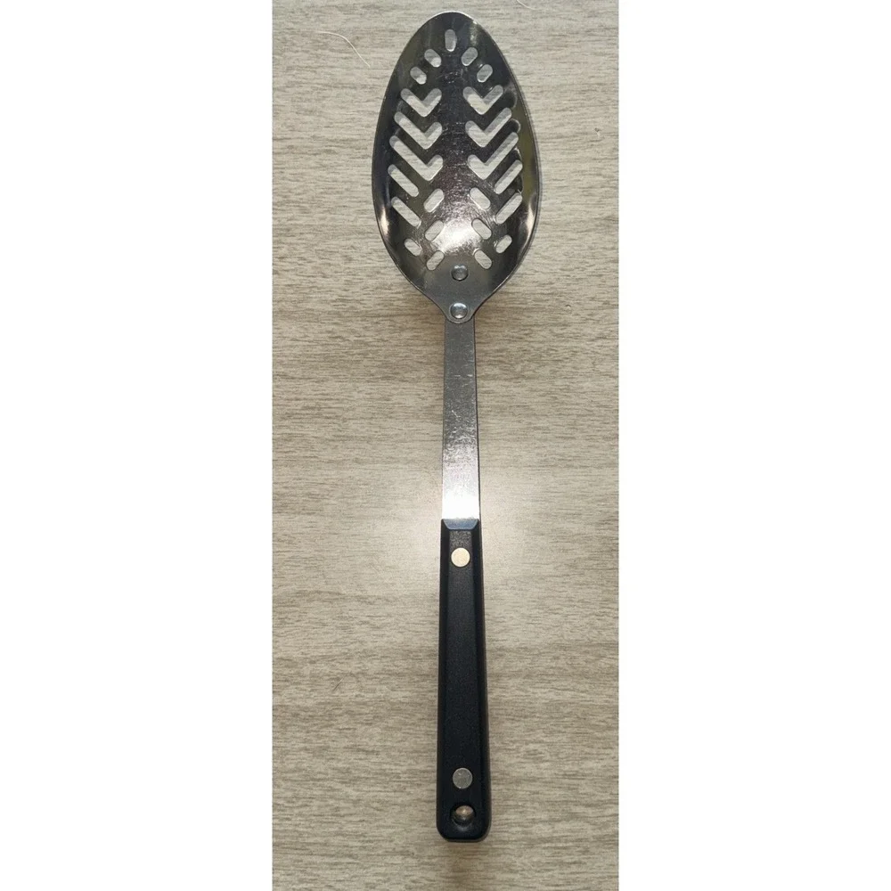 EKCO Flint Arrowhead Stainless Vanadium Slotted Serving Spoon Black Handle USA